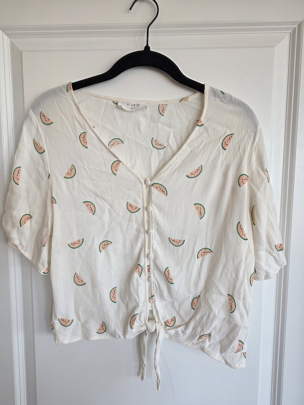 Elodie Cream Watermelon-Print Button Tie Front Crop